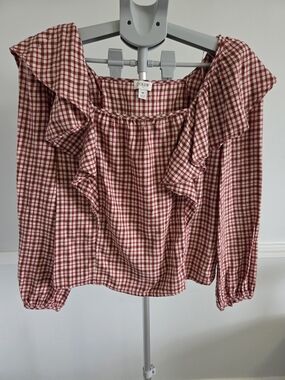 J. Crew Red and White Gingham Ruffle Square-Neck Blouse